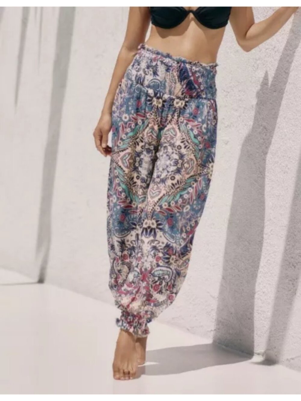 NWT By Anthropologie Bright Print Smocked Cotton Gauze Pants in Women's X-Large